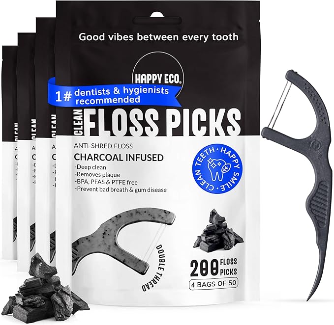 Dental Floss Picks (200pcs) - Flossers for Adults, Vegan Corn-Straw Handle, Superior Oral Care & Anti-Shred Thread, Dental Hygiene, Tooth Pick Sticks, Teeth & Gum Health (Charcoal, Double Thread)
