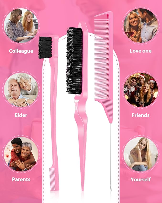 Slick Back Hair Brush, Edge Brush, Hair Accessories Comb Set 3Pcs, Rat Tail Comb for Parting Hair, Teasing Comb for Add Volume Fullness, Edge Brush for Edge Control Black Hair