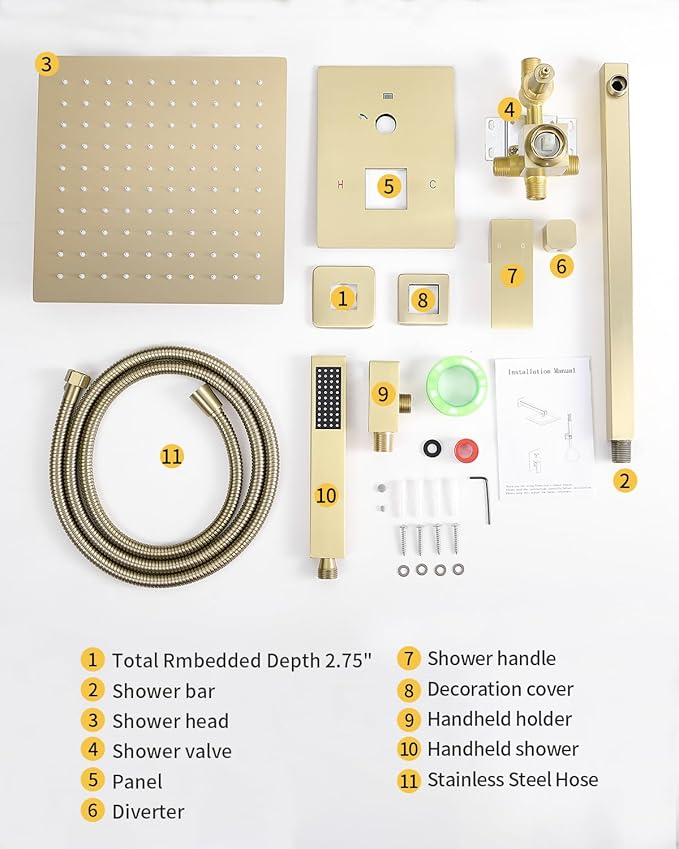 Fransiton Shower Faucet set with Shower head 10 Inches Rainfall Shower Head and Handle Set Single Handle Wall Mounted Shower System Set with Female Threads Valve Body(10", Brushed Gold)