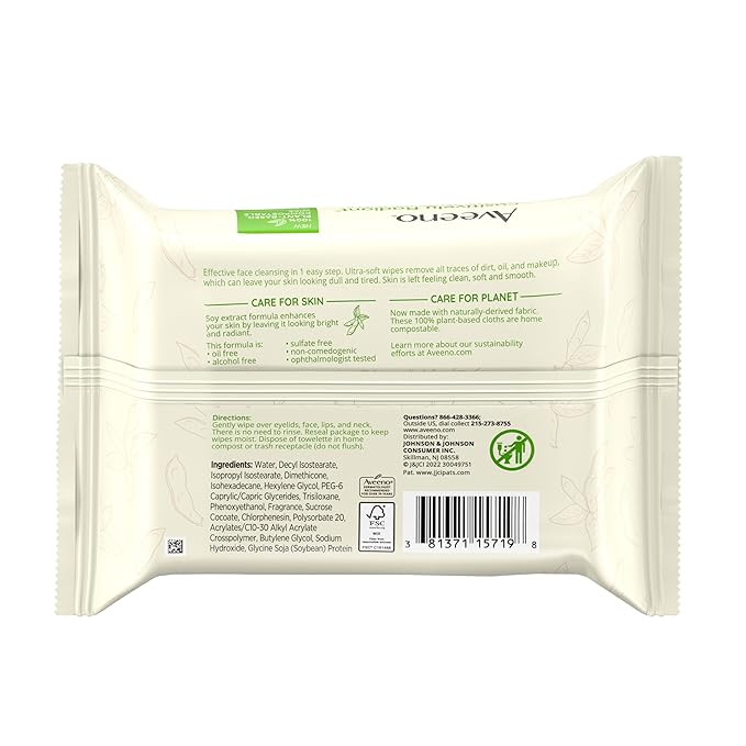 Aveeno Positively Radiant Alcohol Free Makeup Removing Face Wipes, Ultra Soft, Gentle, Non-Comedogenic Facial Cleansing Towelettes Leave Skin Feeling Clean & Soft, Sulfate Free, 25 ct