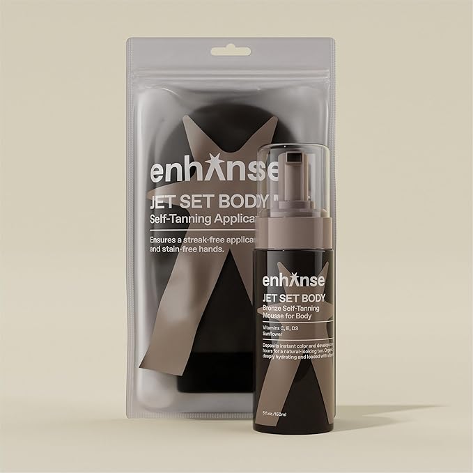 ENHANSE Jet Set Body Express Self Tanner Mousse & Tanning Mitt for Men, Hydrating Self Tan, Vitamin C E D3, Perfect Vacation Prep, Develops in 1-3 Hours, Anti Orange Streak Free Tanning, 5 Fl Oz