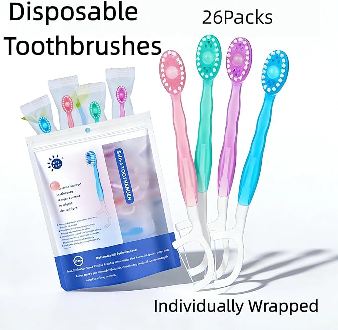 Disposable Travel Toothbrushes with Toothpaste, Individually Wrapped Mini Single Use Toothbrushes, No Water Needed Toothbrushes with Tongue Scraper for Travel, Hotel, Camping (26Packs)