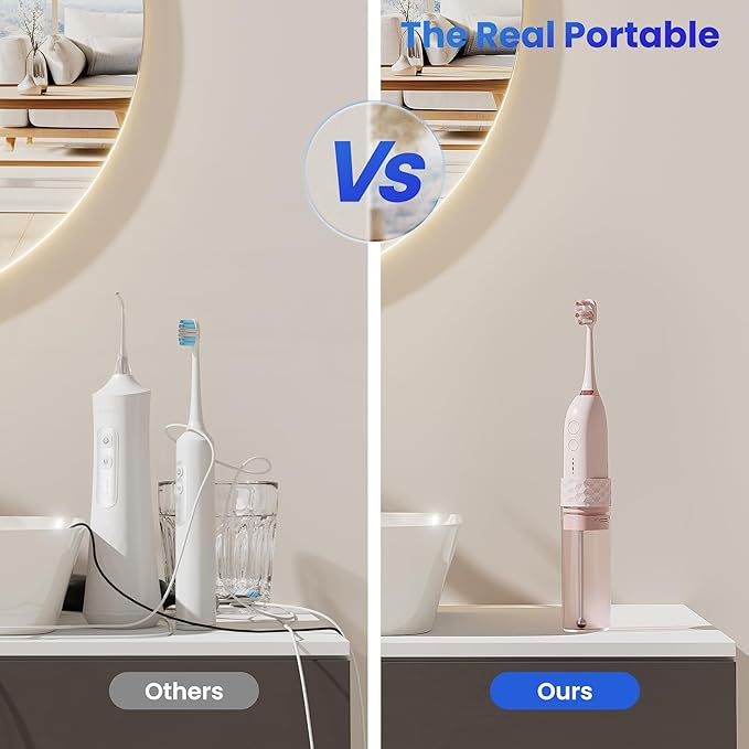 UNINGOPI Portable Electric Toothbrush with Water flosser, 2 in 1 Teeth Cleaning Kit, Electricc, Toothbrush and Water flosser Combo, Travel Toothbrush with Water Bottle(Pink)