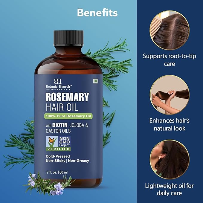 Botanic Hearth Hair Oil for Hair Growth | Rosemary Oil for Hair Growth with Biotin, Castor & Jojoba | Scalp Oil & Dry Scalp Treatment | Color Safe | All Hair Types| 2 Fl Oz