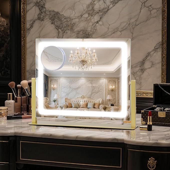 Vanity Mirror with Lights, 16"×12" LED Makeup Mirror, HD Professional Mirror, 10X Magnification, Smart Touch with 3-Color Lighting, Dimmable, 360° Rotation, Lighted Up for Makeup Desk, Bedroom (Gold)