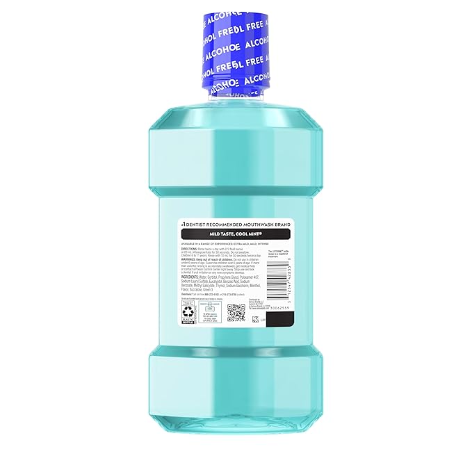 Listerine Cool Mint Alcohol-Free Mild Mouthwash, Oral Rinse Kills 99.9% of Germs That Cause Bad Breath, Less Intense Taste, Mild Mint Flavor, 1 L