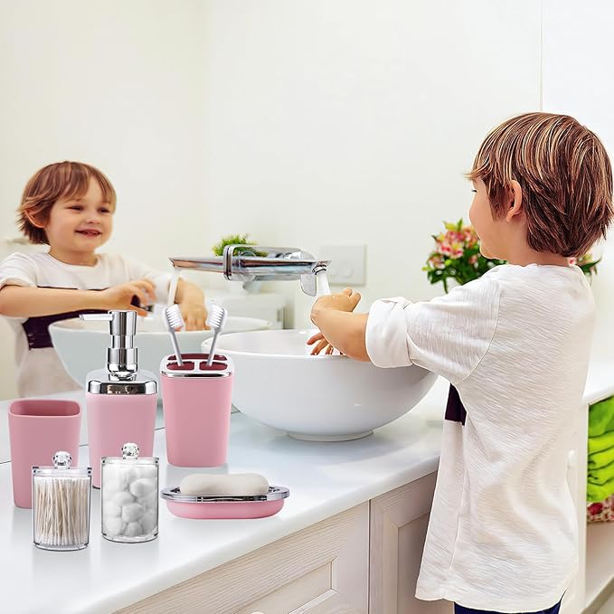 XLHOMO Pink Bathroom Accessories, 24 Pieces Pink Bathroom Accessories Set with Shower Curtain, Bath Towels, Trash Can, Soap Dispenser and Soap Dish for Bathroom/Housewarming