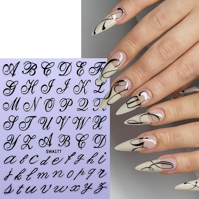 8 Sheets Letter Nail Stickers Retro English Letter Nail Decals 3D Self-Adhesive Black Red Blue Gold English Alphabet Nail Art Stickers Letters Sticker DIY Manicure Decoration Accessories for Women