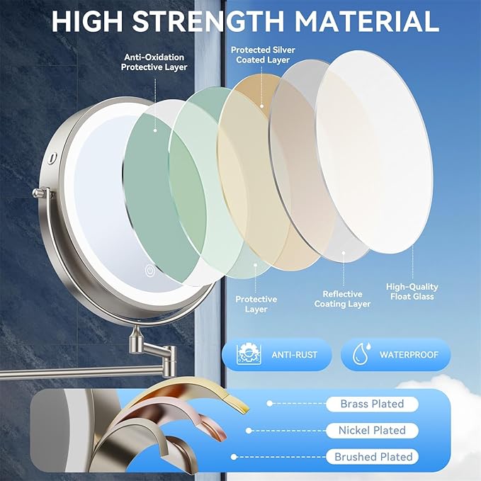 9'' 30X/1X Wall Mounted Lighted Makeup Mirror, 5000mAh Rechargeable Double-Sided Magnifying Mirror with Light, Vanity Mirror Touch Dimmable 3 Colors 360ยฐ Rotation Extended Foldable Arm, Power Adapter