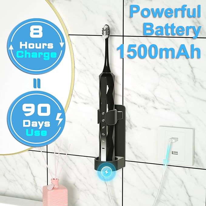 Diamond Style - Sonic Electric Toothbrush for Adults and Kids, Comes with 10 Brush Heads & Travel Case, 5 Modes with 2 Minutes Built in Smart Timer, One Charge for 90 Days, 42,000 VPM Motor (Black)