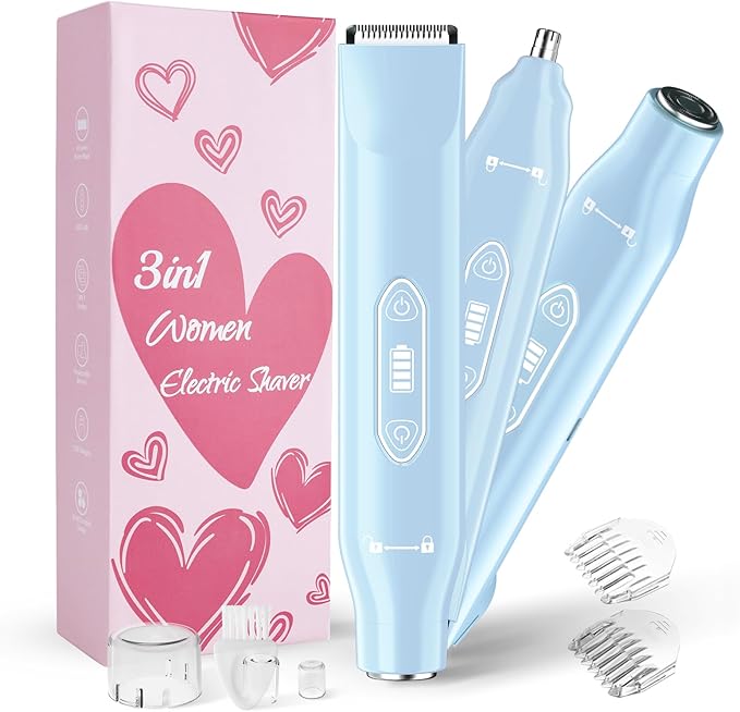 Body Hair Trimmer for Men,3 in 1 Electric Razor with Ceramic Blades, IPX7 Waterproof, USB Rechargeable, Painless Hair Removal for Face,Body,Nose,Groin, Travel Grooming Kit (Blue)
