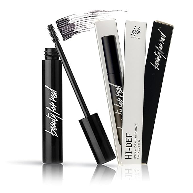Beauty for Real Hi-Def Mascara, Just Black - Defining & Volumizing Lash Definer, Curls Lashes - Humidity & Smudge Proof - Micro Brush Ensures Versatile Application - 0.31 fl oz