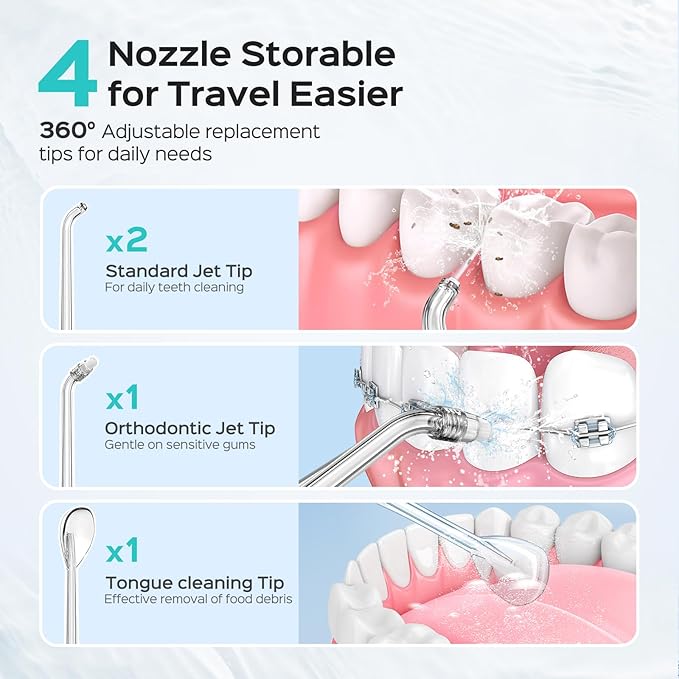 COSLUS Mini Water Flosser for Travel: Portable Compact Design, Cordless Oral Irrigator with 4 Jet Tips, Removable Tank & IPX7 Waterproof for Braces, Sensitive Teeth & On-The-Go Use, Pink Purple, T40