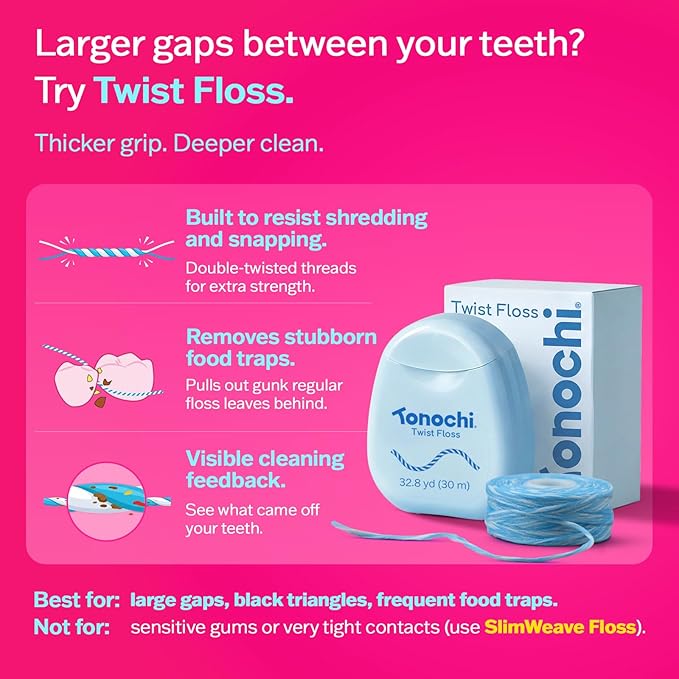Twist Woven Dental Floss, Two-Tone Color Fibers for Visible Plaque Tracking, Shred-Resistant Braided Texture, Smooth Ribbon-Like Glide, Gentle on Gums, Mint + Xylitol, 3-Pack (33 yd Each)