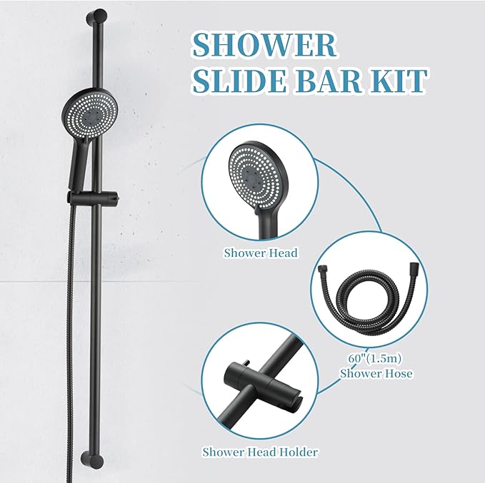 OFFO 6-Spray High Pressure Handheld Shower Head Combo with Adjustable 40 in Slide Bar and 60 in Stainless Steel Hose, Matte Black