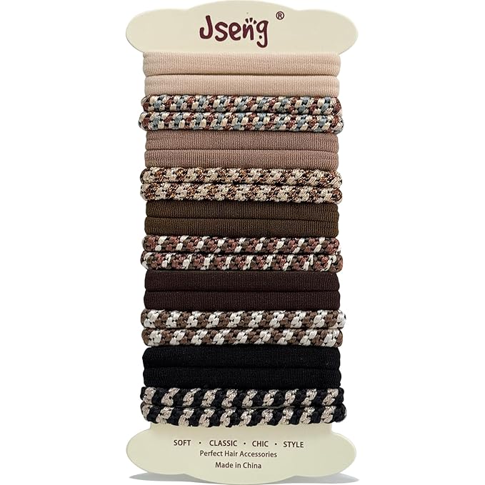 Jseng 20PCS Seamless Hair Ties for Women - Soft No Damage Elastic Braid Hair Accessories for Thick Curly Hair - Caramel Neutral