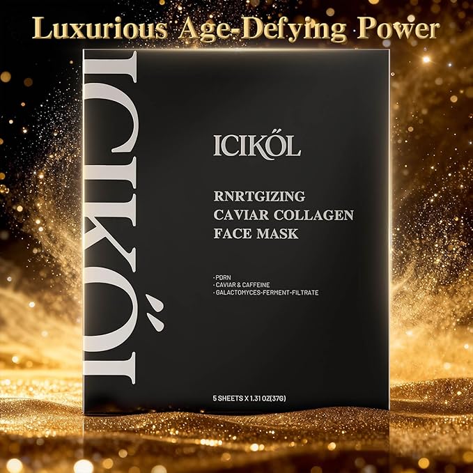 ICIKOL 24K Gold & Caviar Collagen Face Mask, 5 Pack – Luxurious Hydrating Facial Treatment, Firming Appearance – Supports a Radiant, Rejuvenated Look Overnight