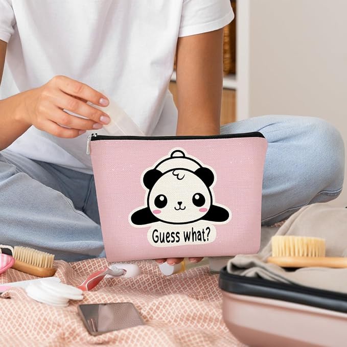 BARPERY Panda Gifts Pink Makeup Bag,Gifts for Panda Lover Wonmen Girls,Cute Baby Panda Guess What It's Pug Butt Cosmetic Bag,Makeup Case for Teen Girls Daughter, Panda Accessories