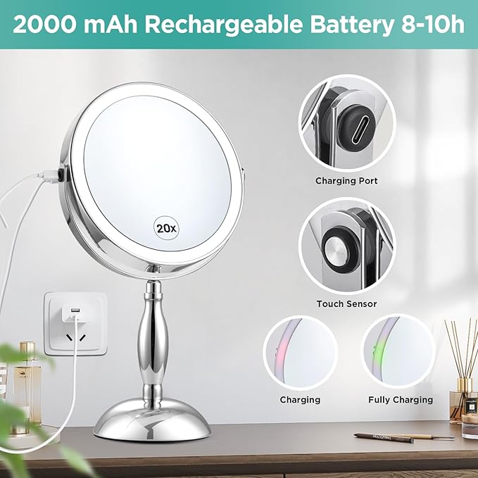 Makeup Mirror with Lights, 20X Magnifying Mirror with Light and Side Charging & Side Touch Switch, Vanity Mirror with 3 Color Light and 2-Side 360° Rotation Double Sided Standing Desk Mirror