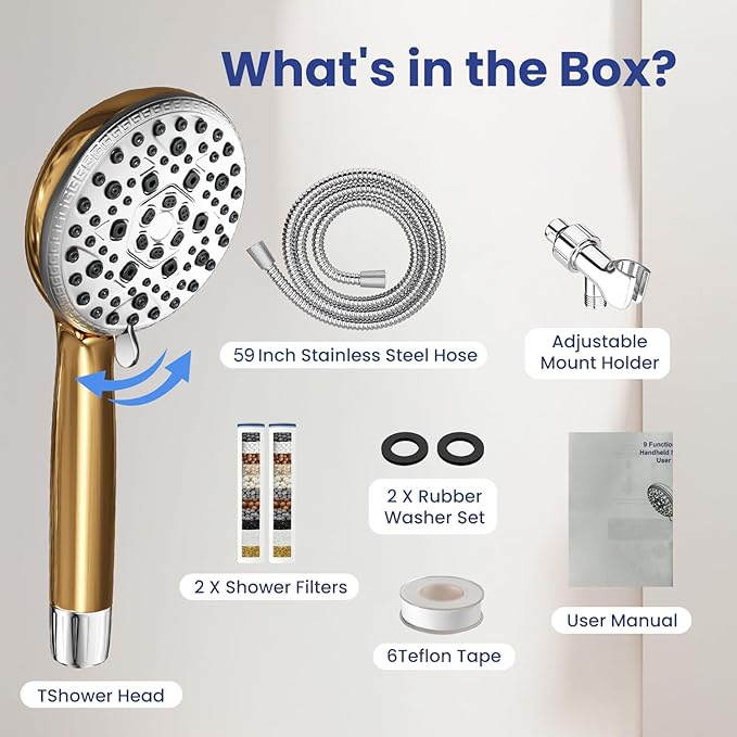 Shower Head with Handheld, Shower Heads High Pressure, Shower Head with Filter-Hand Held Showerhead Set,7 Modes Filtered Showerhead with 59″Replacement Hose/Bracket/Filters (gold)