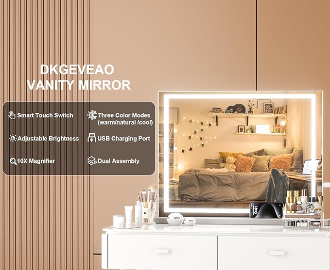 Vanity Mirror with Lights, 23" x 18" Makeup Mirror, Lighted Makeup Mirror with 3 Color Modes & Adjustable Brightness, Detachable 10x Magnification and USB Charging Design (White)