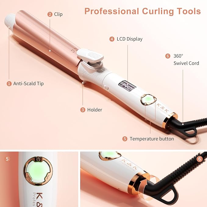 K&K Long Barrel Styler, 1 1/4 Inch Curling Iron with Clipped, Professional Ceramic Coating Hair Curler Wand, Dual MCH Heater up to 450F, Worldwide Voltage Curling Tongs for Traveling
