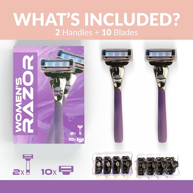 Women’s Razor with 2 Handles & 10 Razor Refills – 7 Blade Reusable for Smooth Shave – Sensitive Skin Safe – Facial & Body for Women