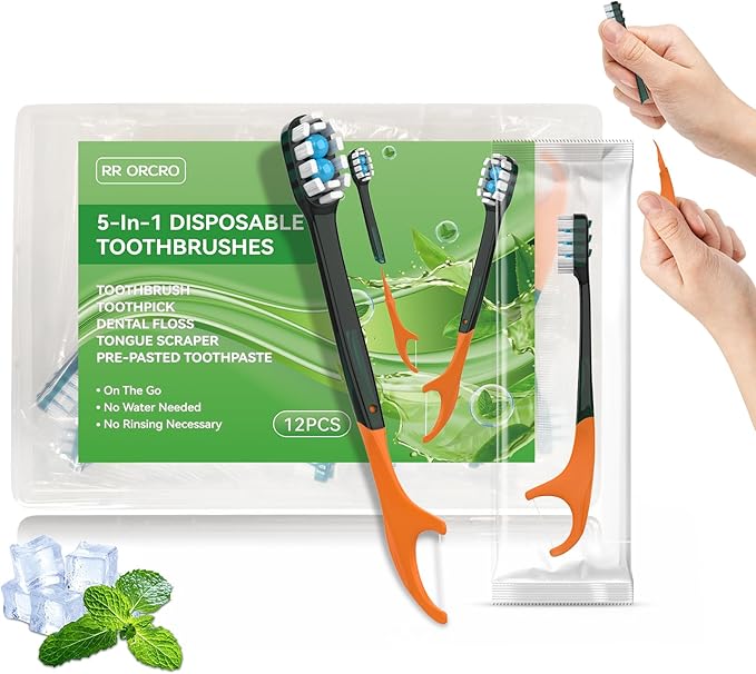 12Pack Disposable Toothbrushes with Toothpaste + Pick + Floss + Tongue Scraper 5-in-1 Mini Prepasted Travel Toothbrush for Hotel Camping Flight Car Single Use Portable Individually Wrapped | Mint