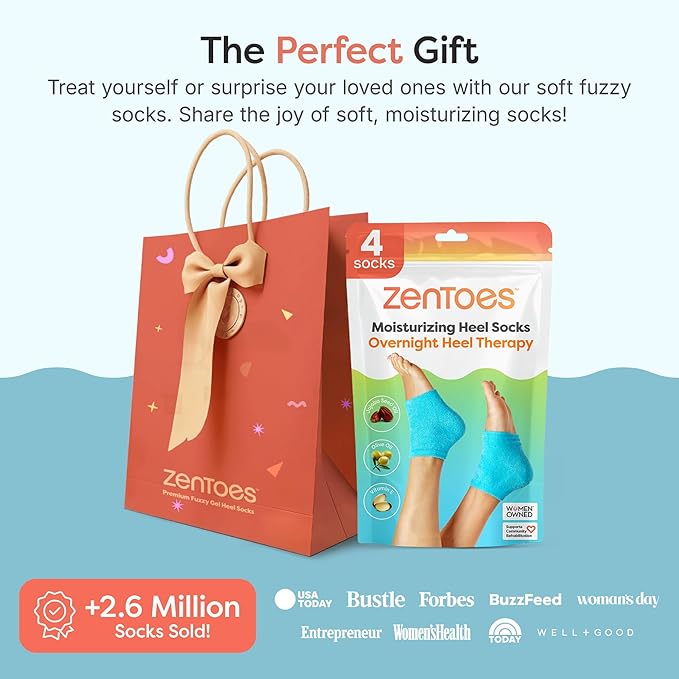ZenToes Moisturizing Socks for Cracked Heel Treatment, Vitamin E, Olive Oil and Jojoba Oil Infused Heel Socks, Galentines Day Gifts, Self Care Gifts for Women (Fuzzy Blue, Wide Width)