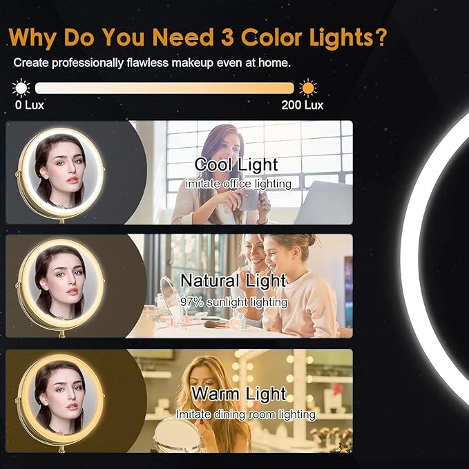 Lighted Makeup Mirror, 3000 mAh Rechargeable Double Sided Magnifying Vanity Mirror with 3 Colors, 1x/10x, 360° Rotation , Brightness Adjustable Magnification Cosmetic Light up Mirror, Women Gift