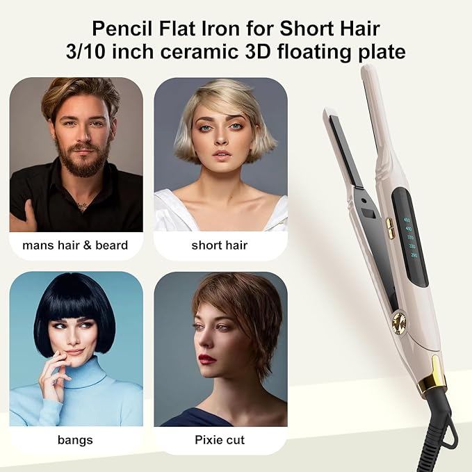 Mini Flat Iron 3/10'' Small Flat Irons for Short Hair,Pixie Cut & Bangs,Tiny Hair Straightener for Edge with LED Display,Travel Thin Hair Straightener with Dual Voltage,Auto Shut Off(Khaki)