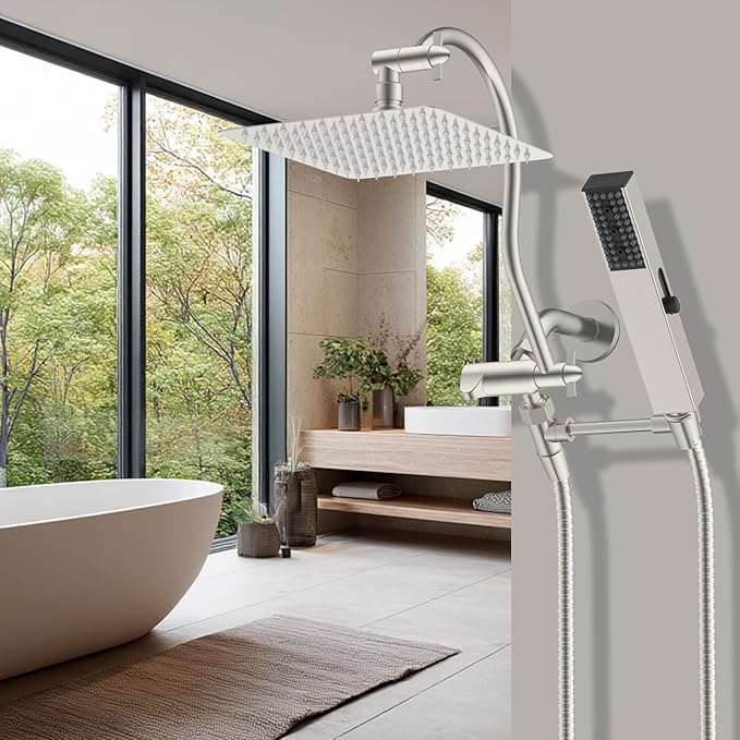 Hibbent All Metal cUPC Certified Shower Head, 10'' High Pressure Rainfall Showerhead Combo, Handheld Shower Wand, 12'' Adjustable Extension Arm, 4-Spray, 71'' Hose, Shower Holder, Brushed Nickel