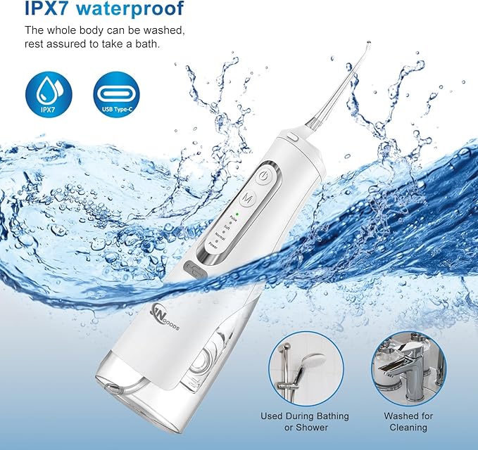 JNGOODS Cordless Water Dental Flosser Oral irrigator,JNGOODS 310ml Rechargeable Water flosser for Teeth IPX7 Waterproof 4 Modes Portable Oral Irrigator with 4 Jet Tips,Travel Home use (White)
