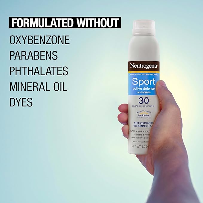 Neutrogena Sport Active Defense SPF 30 Sunscreen Spray, Sweat & Water Resistant Spray Sunscreen with Broad Spectrum UVA/UVB Sun Protection for Sunburn Prevention, Oxybenzone-Free, 5.0 oz