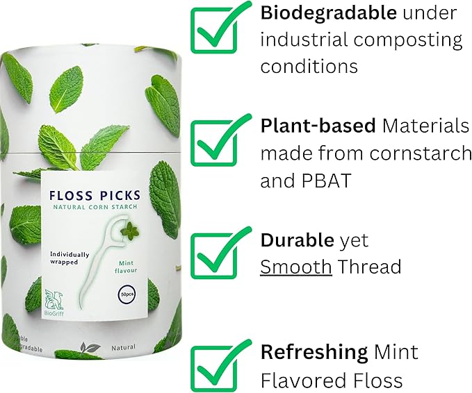 Individually Wrapped Biodegradable Dental Floss Picks, Mint Flavor, PBAT & Starch-Based Material, Single-Use Flossers for Daily Oral Care
