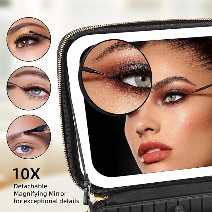 Jadazror Makeup Bag with Mirror and Light 3 Colors, Travel Make up Bag with Mirror Portable Lighted Makeup Case Organizer Cosmetic Case with 2-Layers Adjustable Dividers & 10X Magnifying Mirror(Black)