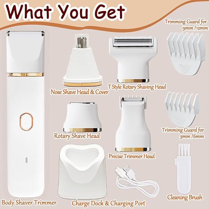 Bikini Trimmer for Women, 5-in-1 Electric Razors Shaver, IPX7 Waterproof Cordless Body Hair Trimmer, Rechargeable Facial & Pubic Hair Remover, Ceramic Blade Bikini Shaver, Gifts for Women (White)