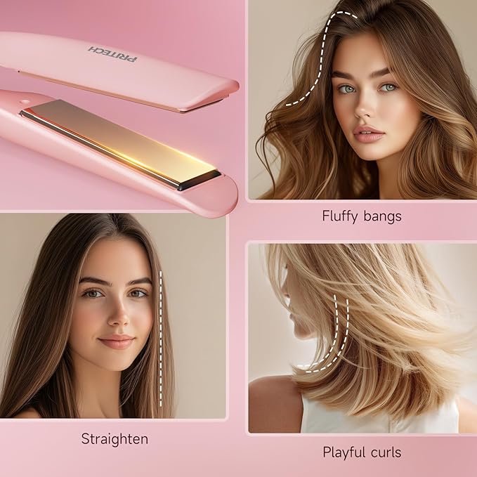 Flat Iron Hair Straightener 1 Inch Titanium - Fast Heating Pink Hair Straightener, Negative Ions Flat Iron 12 Temp (230°F-450°F), Auto Shut Off, Temp Memory & Dual Voltage for Smooth Silky Hair