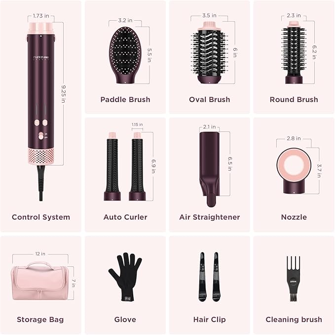7-in-1 Hot Air Styler, PARWIN PRO BEAUTY Travel Dual Voltage MaxAIR 2.0 Multi-Styler Set, 110,000RPM High Speed Hair Dryer Brush with Air Hair Straightener, 1.1 Inch Auto-Wrap Curlers, Jasper Plum