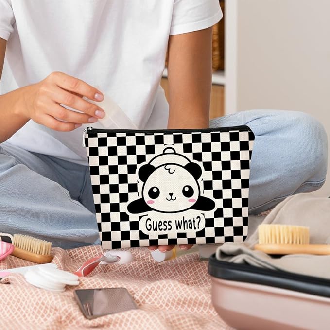 BARPERY Panda Gifts Makeup Bag,Gifts for Panda Lover Wonmen,Cute Baby Panda Guess What It's Pug Butt Cosmetic Bag,Makeup Case for Teen Girls Daughter, Panda Accessories(Black and White checkered)