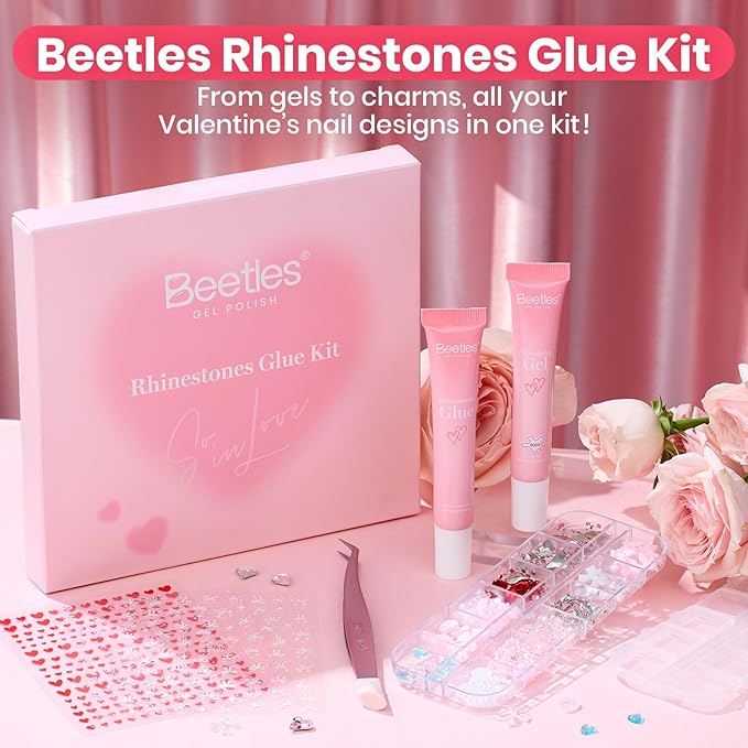 Beetles Valentine’s Day Gift Rhinestones Glue Kit - 3D Gel Nail Art & Sculpting Gel Glue and with Heart Charm Diamond Jewelry, Nail Decorations for DIY Gel Nail Polish