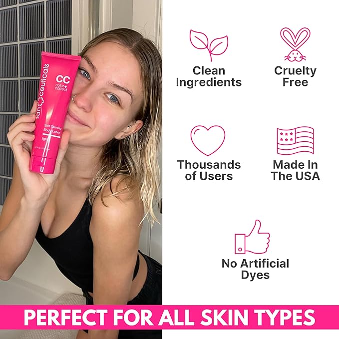 Tanceuticals CC Self Tanning Body Lotion - Light Self Tanner, Gradual Color Correcting & Natural Looking Sunless Tan – Quick Fake Tan, Bronze Glow - Fresh Coconut Scent and Healthy Ingredients