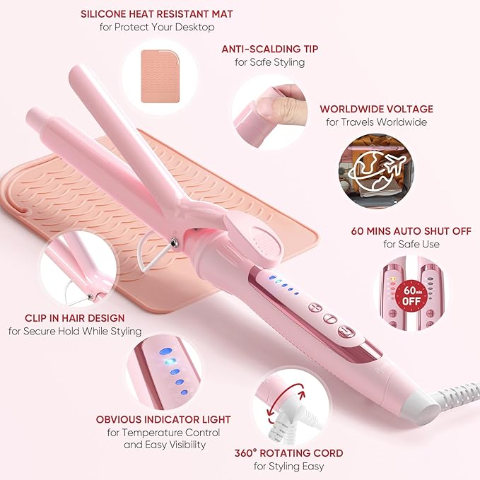 0.75 Inch Curling Iron, 5 Temperature Settings, Professional Spring Hair Iron for All Hair Types, Max 430℉ with Heat Resistant Mat (3/4 Inch Pink)