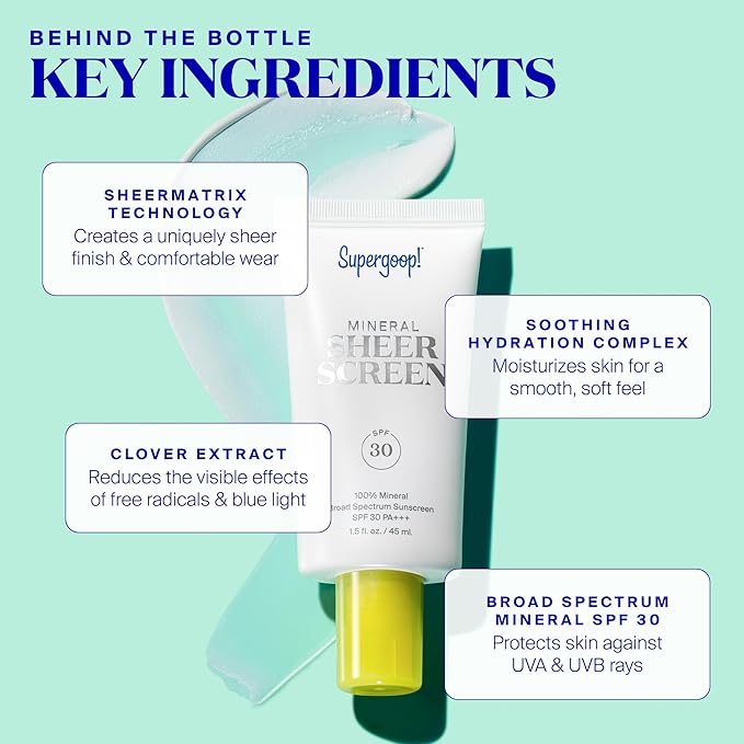 Supergoop! Mineral Sheerscreen SPF 30 PA+++, 0.68 fl oz - 100% Mineral, Broad Spectrum Face Sunscreen + Primer + Helps Filter Blue Light - Satin Finish - For All Skin Types