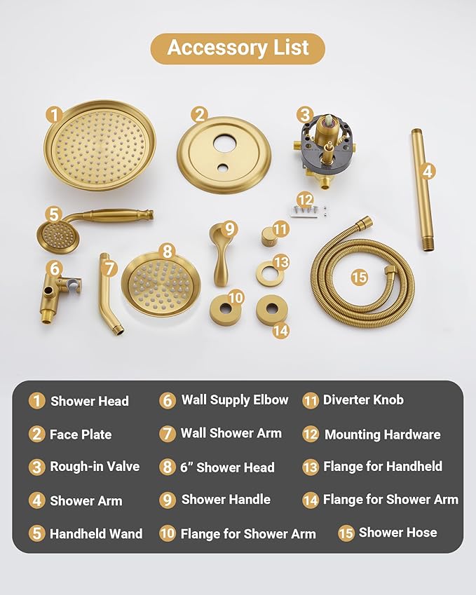 DASAN Antique Dual Shower Head Faucet Set, Brushed Gold Dual Rain Shower Head System Complete Double Head Shower Fixture Combo, 9'' & 6'' Dual Rainfall Overhead Shower with Handheld, Valve & Trim