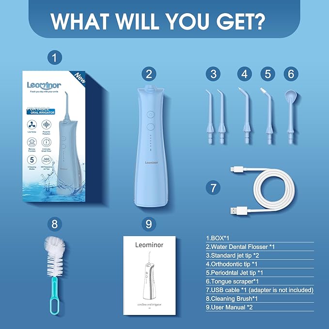Leominor Water Dental Flosser - 5 Modes Cordless Oral Irrigator, IPX7 Waterproof, Rechargeable Teeth Cleaner Upgrade Datchable Tank Professional Flossing Cleaning Pick for Home Travel(S Blue)