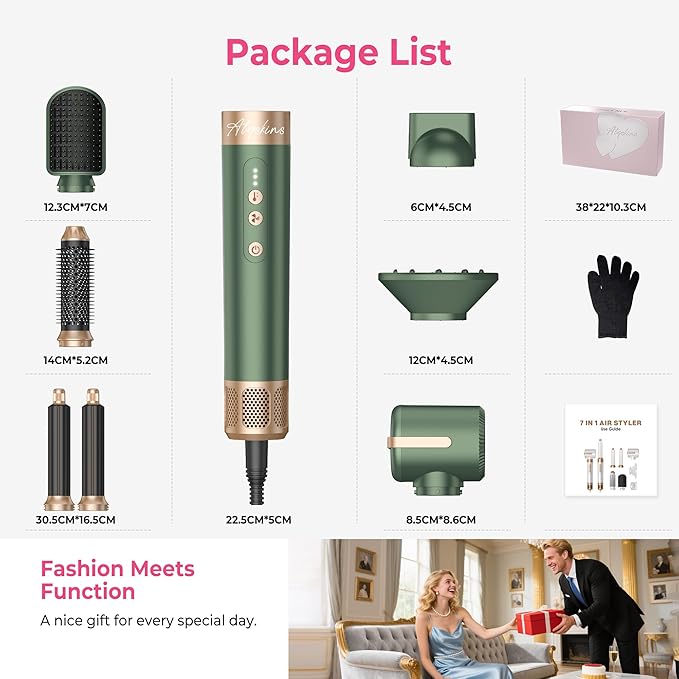 7 in 1 Blow Dryer Brush, Air Wrap Brush Set Hair Dryer Brush 110,000 RPM with Negative Ion Hair Styler Dry, Curling, Volumizing, Straightening and Styling (Green)