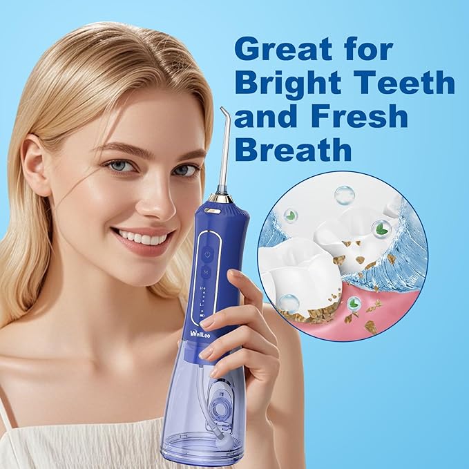 WellLeo Water Flossers for Teeth, 300ML Cordless Oral Irrigator Rechargeable Dental Flosser Picks with 5 Modes 5 Jet Tips,IPX7 Waterproof Teeth Cleaner for Braces Gum Care, Home Travel Use