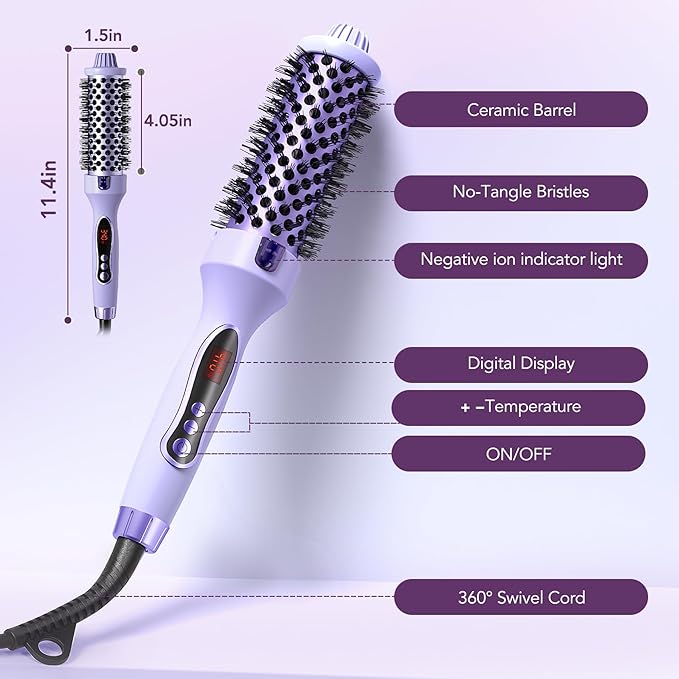 Thermal Brush, 1.5 inch Heated Round Brush Hair Curling Brush for Natural Curl, Straightener and Curler 2 in 1, Negative Ion Technology, 9 Temperature Settings, Dual Voltage for Travel, Purple