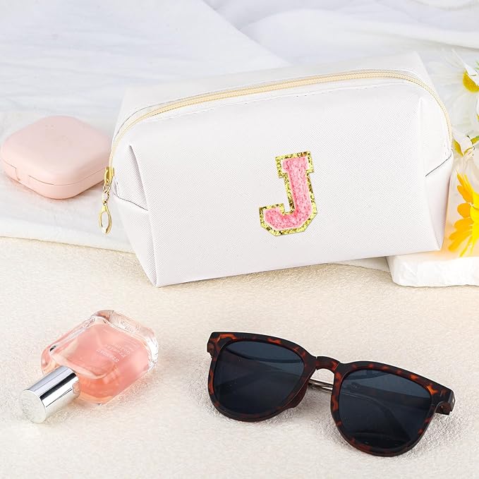 URSKYTOUS Initial Makeup Bag Personalized Preppy Travel Small Cosmetic Bag Cute PU White Chenille Letter Makeup Pouch for Purse Waterproof Zippered Toiletry Organizer for Women Girls Kids Friends (J)